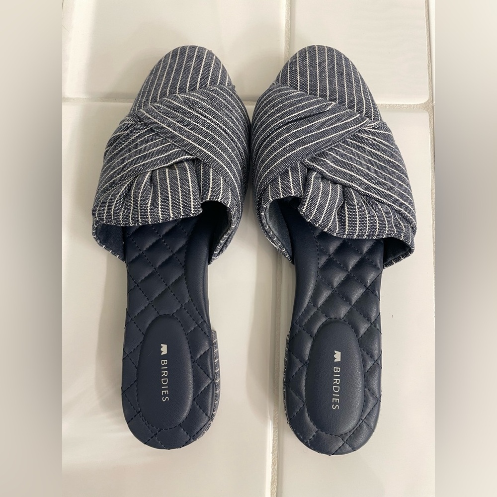 NWOT Birdies Womens US 10m Songbird Navy Stripe Slip On Mules Denim Bow Knot